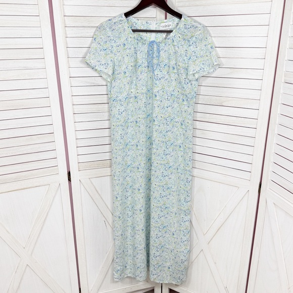 Vntg Villager Liz Claiborne Ditsy Floral Cinch Neck Linen Maxi Dress Blue Medium - Picture 8 of 12